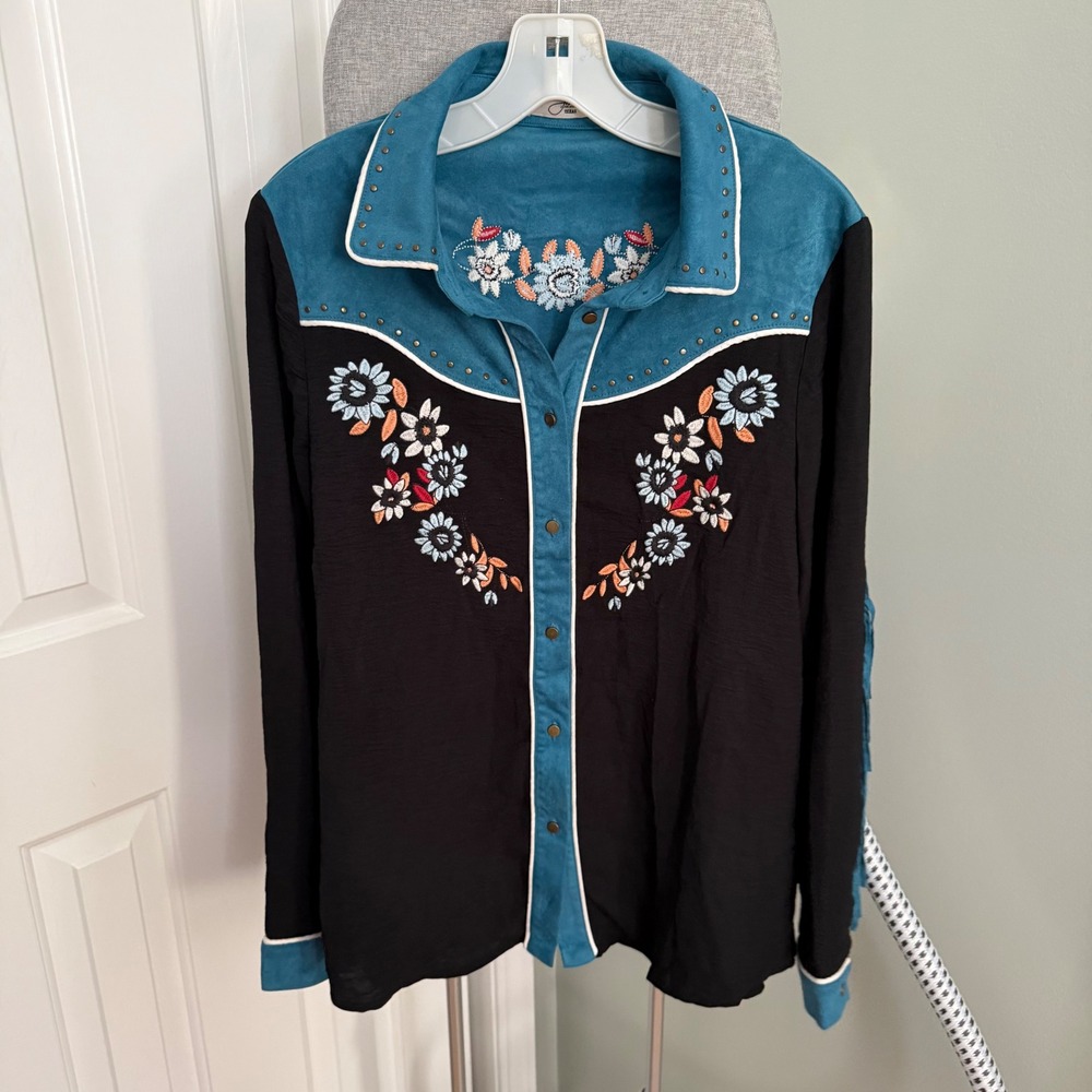 John Moon Texas Western Shirt L Turquoise Floral Embroidered Fringe Cowgirl